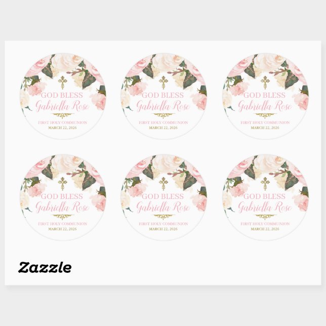 First Communion & Baptism, Pink Floral Gold Classic Round Sticker (Sheet)