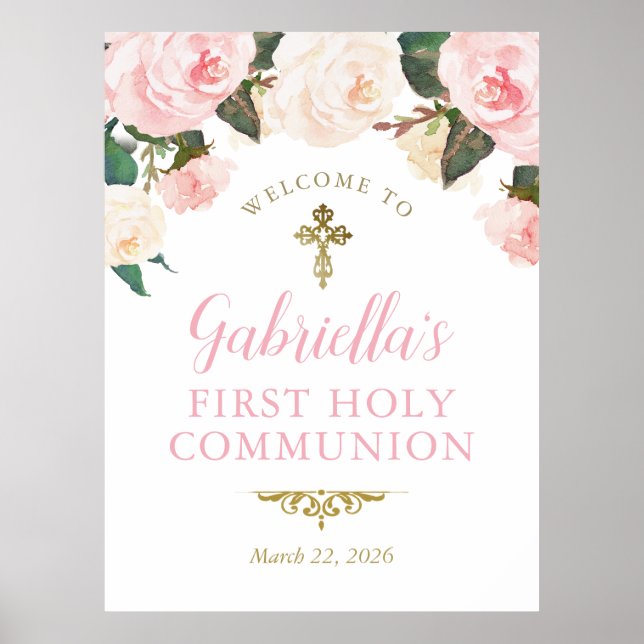 First Communion & Baptism, Pink Floral Gold Poster (Front)