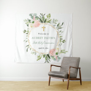 First communion baptism pink gold backdrop sign