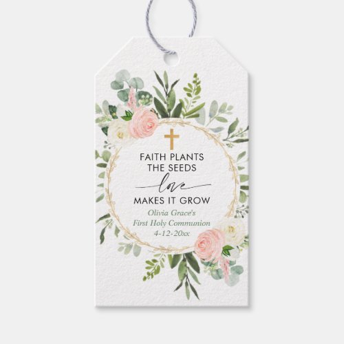 First Communion baptism pink greenery favor tags