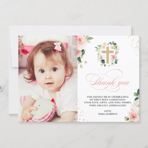 First Communion Baptism Religious Blush Pink Gold Thank You Card