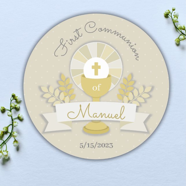 First communion, beige first communion classic round sticker (Creator Uploaded)