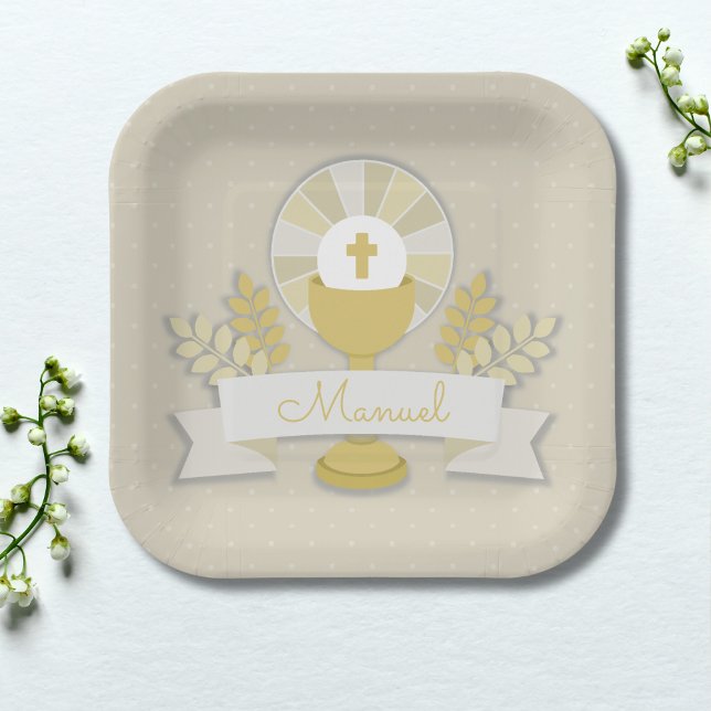 First communion, beige first communion paper plates (Creator Uploaded)
