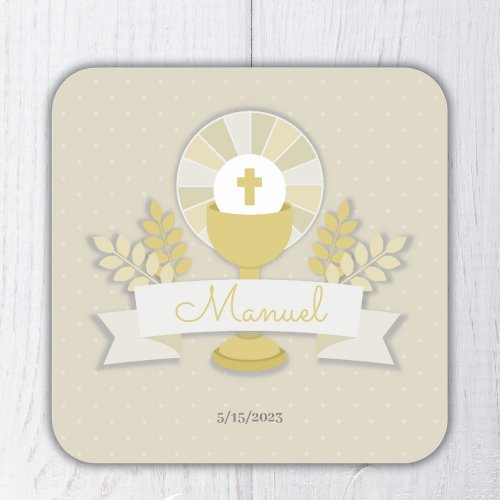 First communion beige first communion square sticker