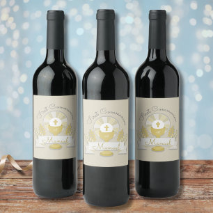 First communion, beige first communion wine label