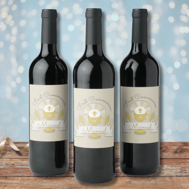 First communion, beige first communion wine label (Creator Uploaded)