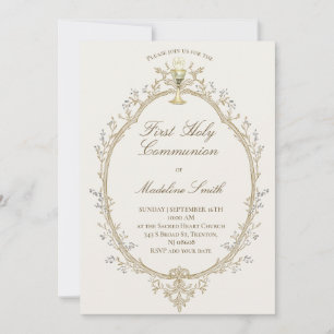 first communion beige frame invitation