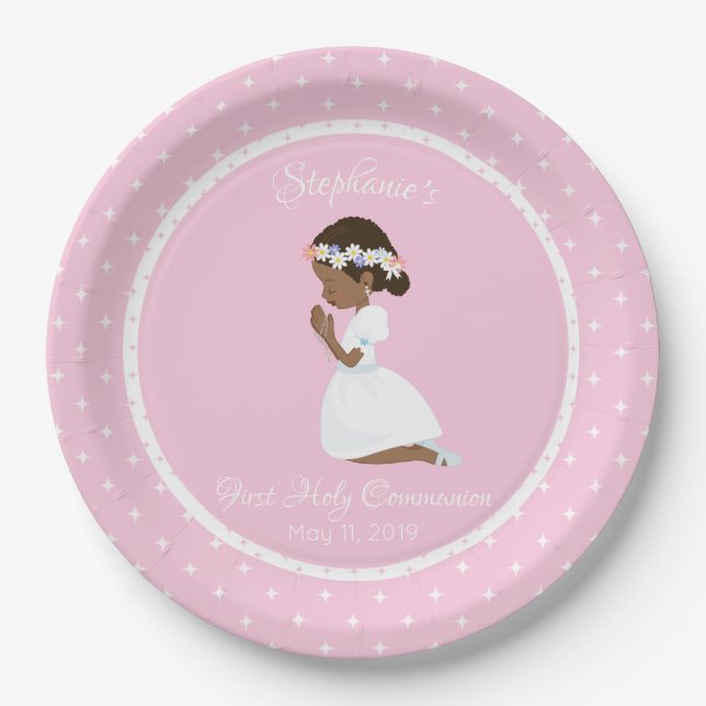 First Communion Black Girl Paper Plates (Front)
