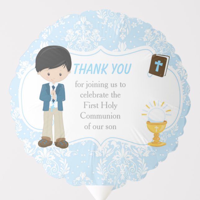 First Communion Black Hair Boy Thank You Balloon (Front)