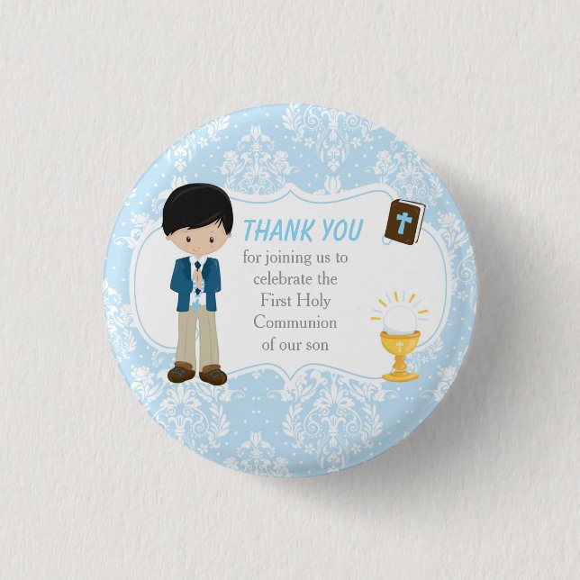 First Communion Black Hair Boy Thank You Button (Front)