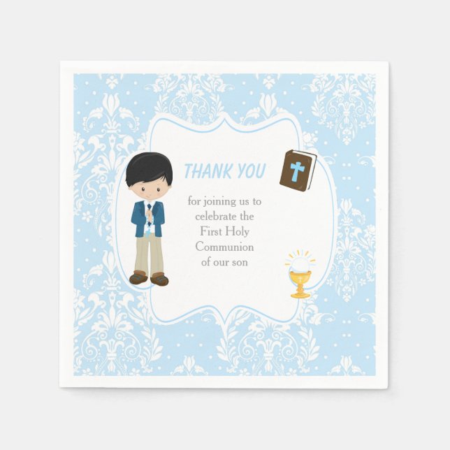 First Communion Black Hair Boy Thank You Napkins (Front)