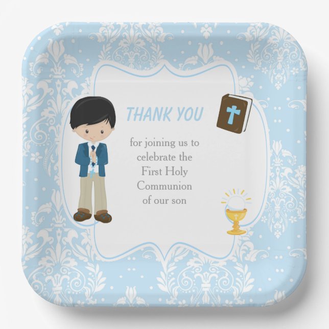 First Communion Black Hair Boy Thank You Paper Plates (Front)