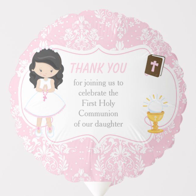 First Communion Black Hair Girl Thank You Balloon (Front)
