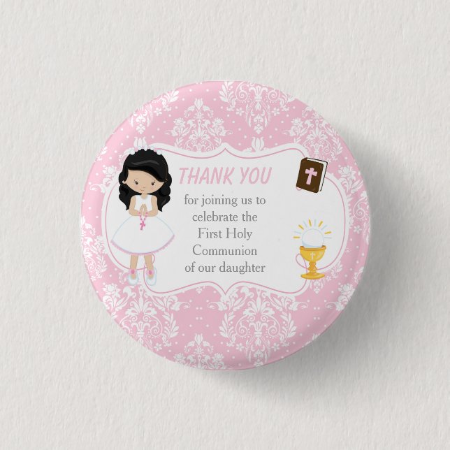 First Communion Black Hair Girl Thank You Button (Front)