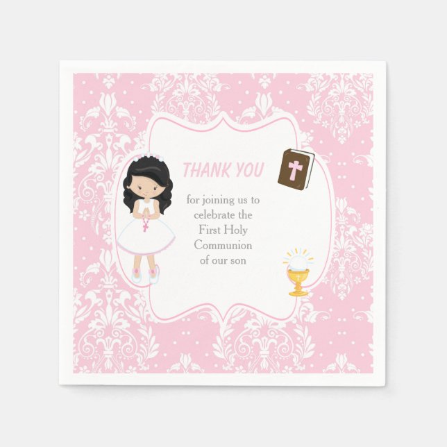 First Communion Black Hair Girl Thank You Napkins (Front)