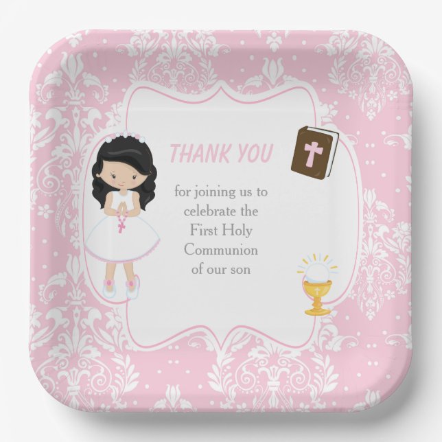 First Communion Black Hair Girl Thank You Paper Plates (Front)