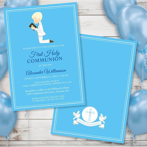 First Communion Blond Boy Blue Invitation