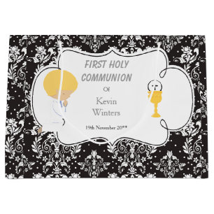 First Communion Blonde Boy Black Damask Large Gift Bag