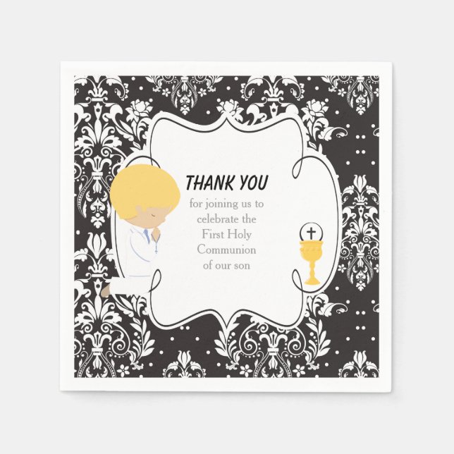 First Communion Blonde Boy Black Damask Napkins (Front)