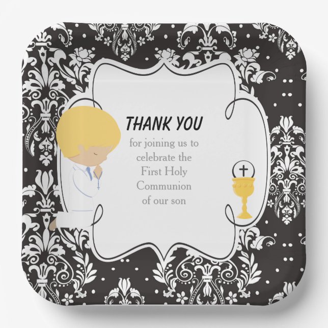 First Communion Blonde Boy Black Damask Paper Plates (Front)