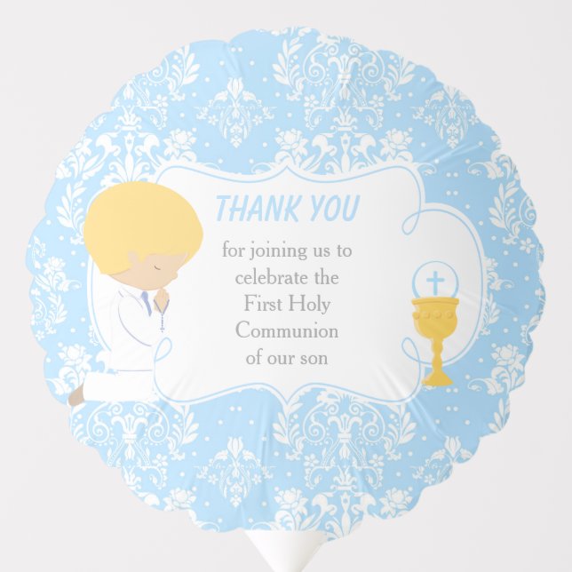 First Communion Blonde Boy Blue Damask Balloon (Front)