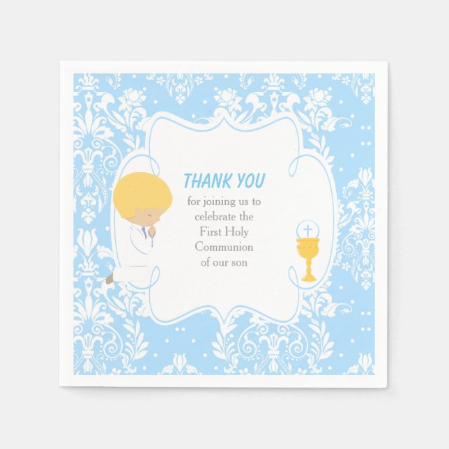 First Communion Blonde Boy Blue Damask Napkins (Front)