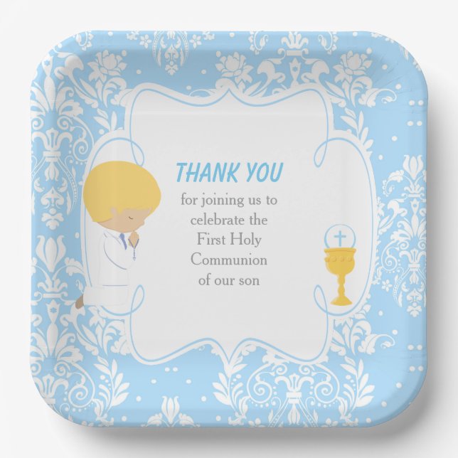 First Communion Blonde Boy Blue Damask Paper Plates (Front)