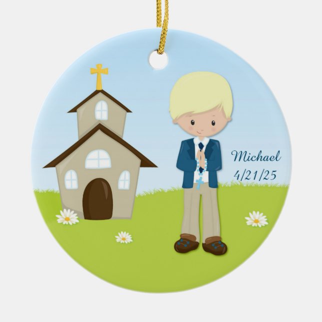 First Communion, Blonde Boy, Church Ceramic Ornament (Front)
