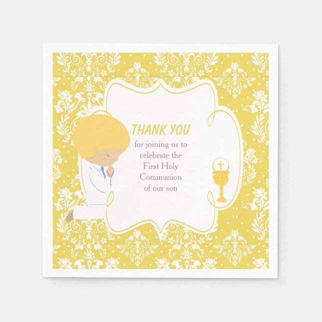 First Communion Blonde Boy Gold Damask Napkins (Front)