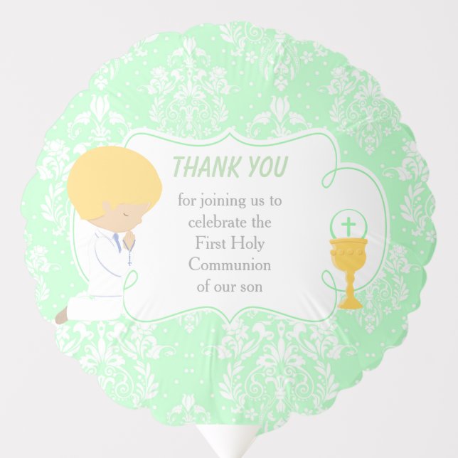 First Communion Blonde Boy Green Damask Balloon (Front)