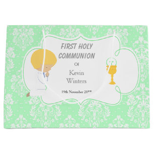 First Communion Blonde Boy Green Damask Large Gift Bag