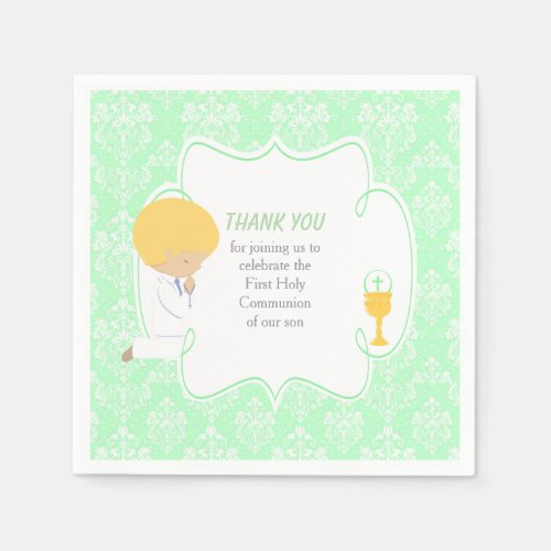 First Communion Blonde Boy Green Damask