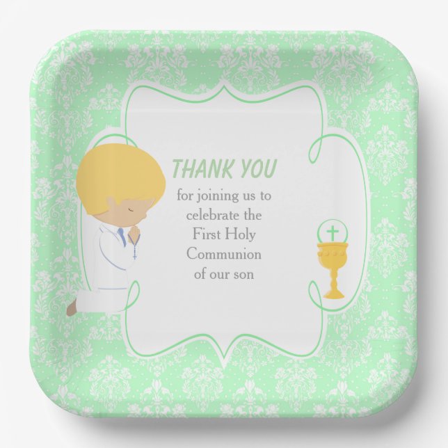 First Communion Blonde Boy Green Damask Paper Plates (Front)