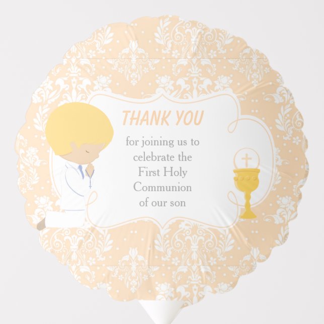 First Communion Blonde Boy Peach Damask Balloon (Front)