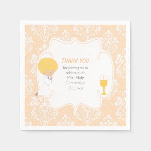 First Communion Blonde Boy Peach Damask