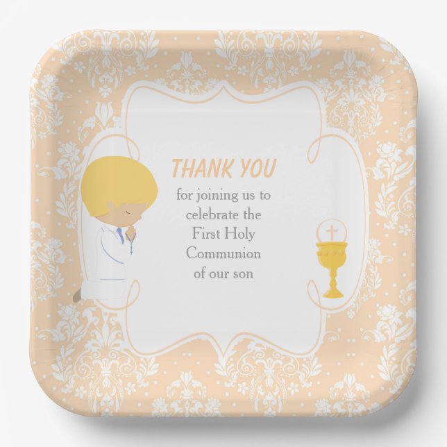 First Communion Blonde Boy Peach Damask Paper Plates (Front)