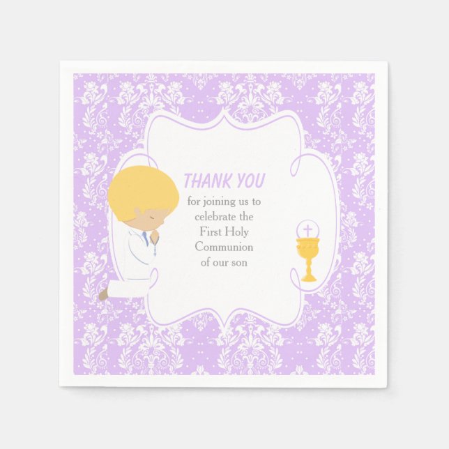 First Communion Blonde Boy Purple Damask Napkins (Front)