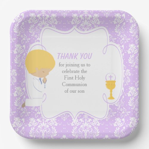 First Communion Blonde Boy Purple Damask