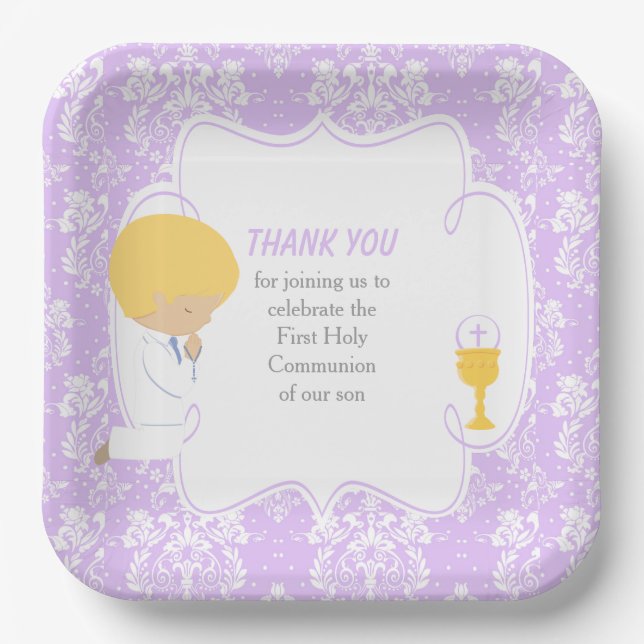 First Communion Blonde Boy Purple Damask Paper Plates (Front)