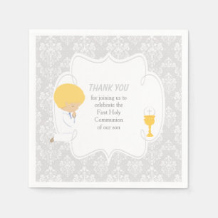 First Communion Blonde Boy Silver Damask Napkins
