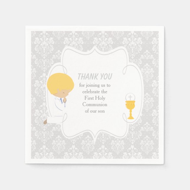 First Communion Blonde Boy Silver Damask Napkins (Front)