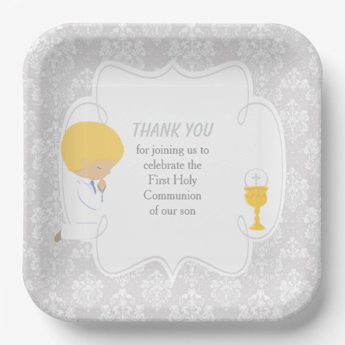 First Communion Blonde Boy Silver Damask