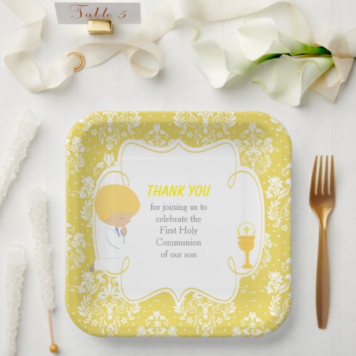 First Communion Blonde Boy Thank You Paper Plates