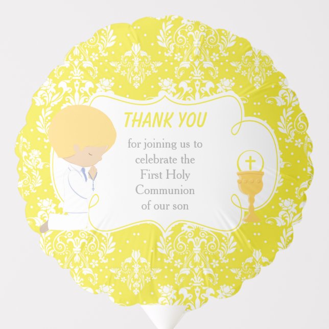 First Communion Blonde Boy Yellow Damask Balloon (Front)