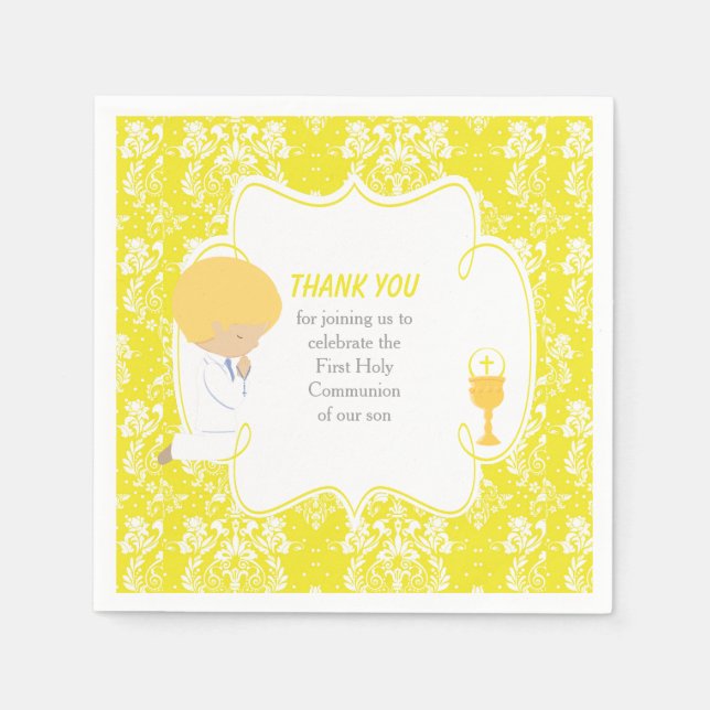First Communion Blonde Boy Yellow Damask Napkins (Front)