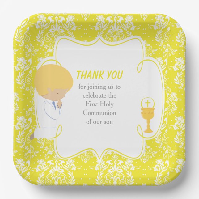 First Communion Blonde Boy Yellow Damask Paper Plates (Front)