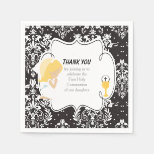First Communion Blonde Girl Black Damask Napkins