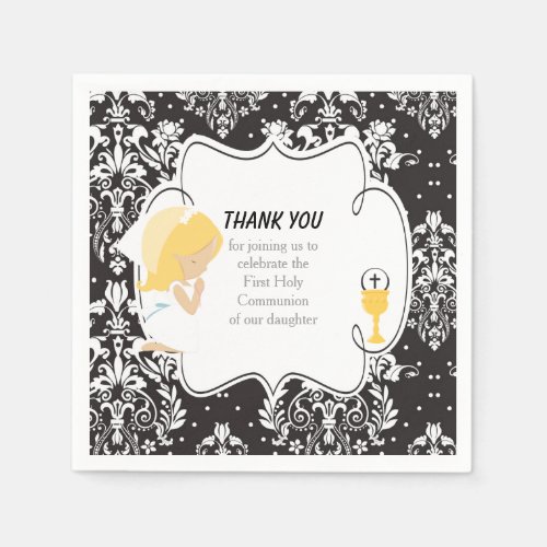 First Communion Blonde Girl Black Damask