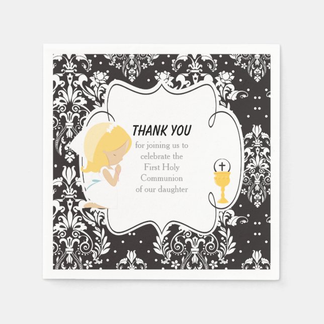 First Communion Blonde Girl Black Damask Napkins (Front)