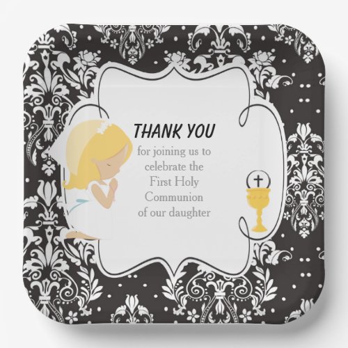 First Communion Blonde Girl Black Damask